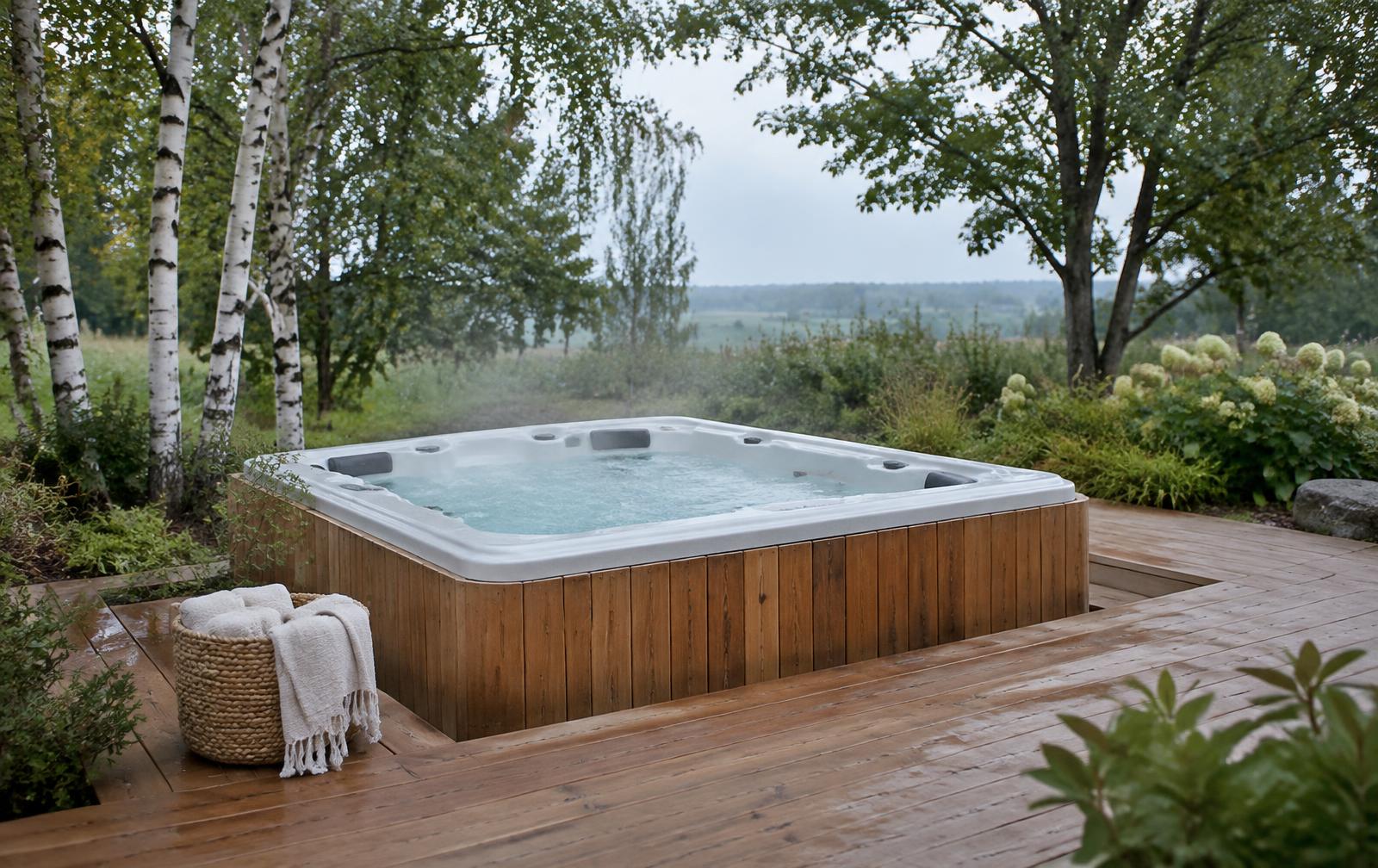 Hot tub sænket ned i en terrasse med birketræer
