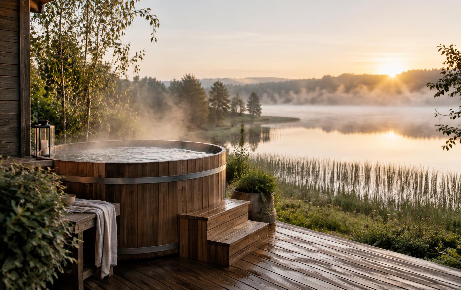 Hot tub med træbeklædning på en terrasse i en dansk have